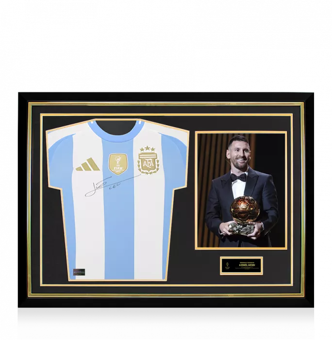 Lionel Messi Official Ballon d'Or™ Front Signed and Hero Framed Argentina 2024-25 Home Shirt