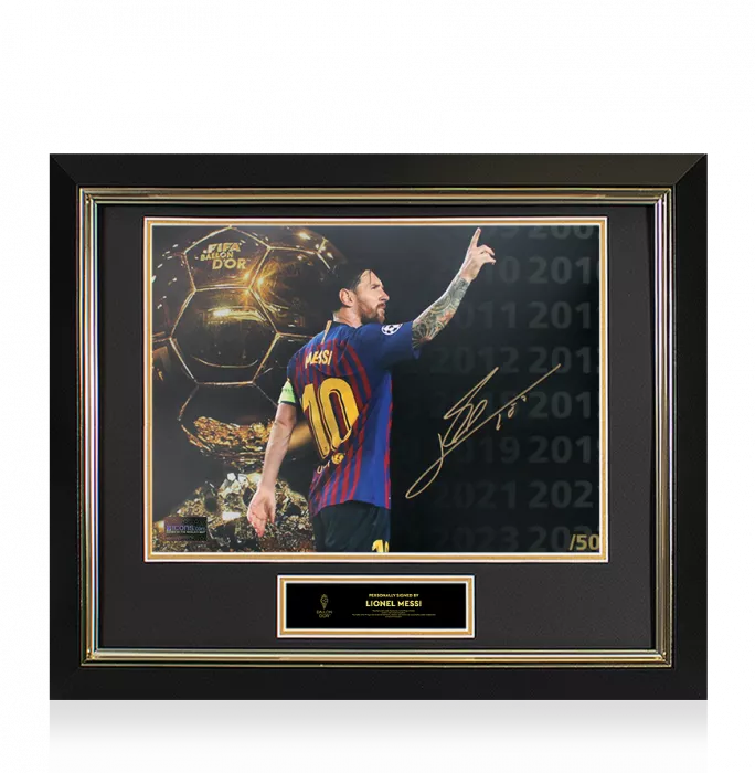 Lionel Messi Official Ballon d'Or™ Signed and Framed Montage Photo: Limited Edition
