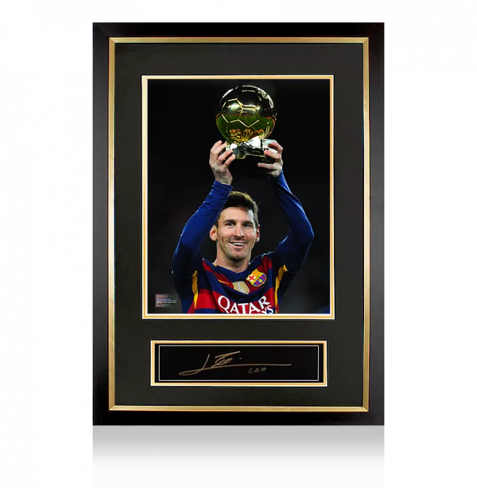 Lionel Messi Official Ballon d'Or™ Signed Plaque and Photo Frame: 2015 Winner