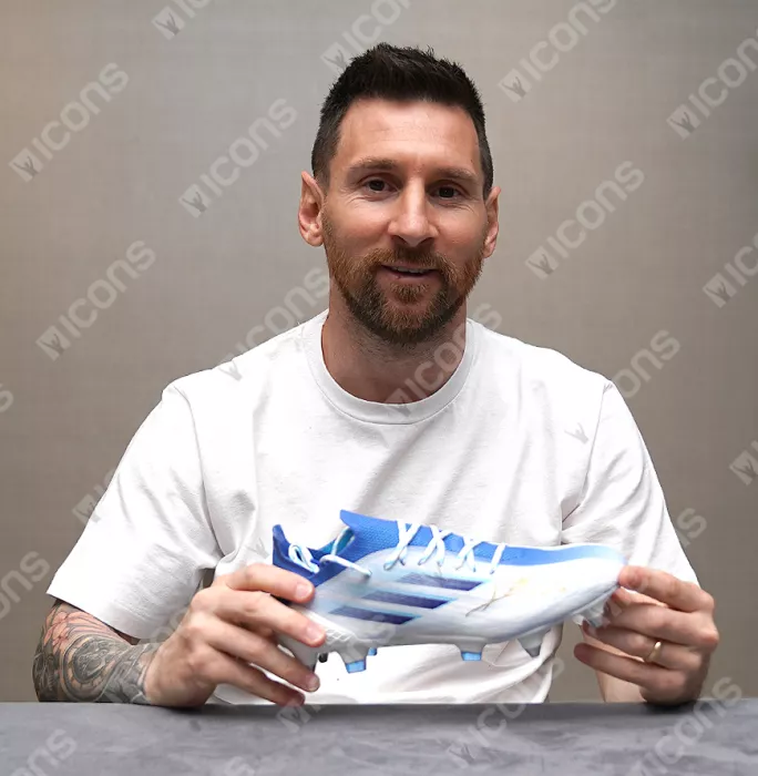 Lionel Messi Official Blue And White Adidas Mens X Speedflow.1 SG Boot In Photo Acrylic Case: Option 1