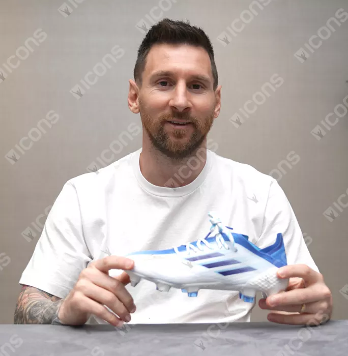 Lionel Messi Official Blue And White Adidas Mens X Speedflow.1 SG Boot In Photo Acrylic Case: Option 1