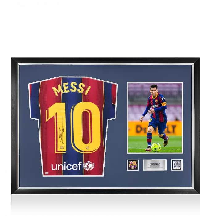 Lionel Messi Official FC Barcelona Back Signed and Framed 2020-21 Home Shirt
