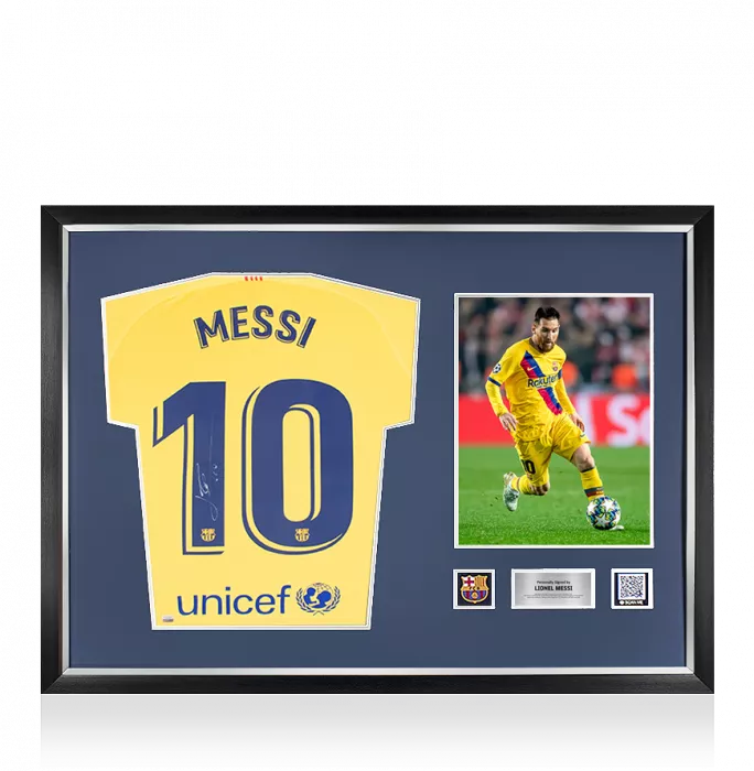 Lionel Messi Official FC Barcelona Back Signed and Framed 2019-20 Away Shirt: Signed In Silver