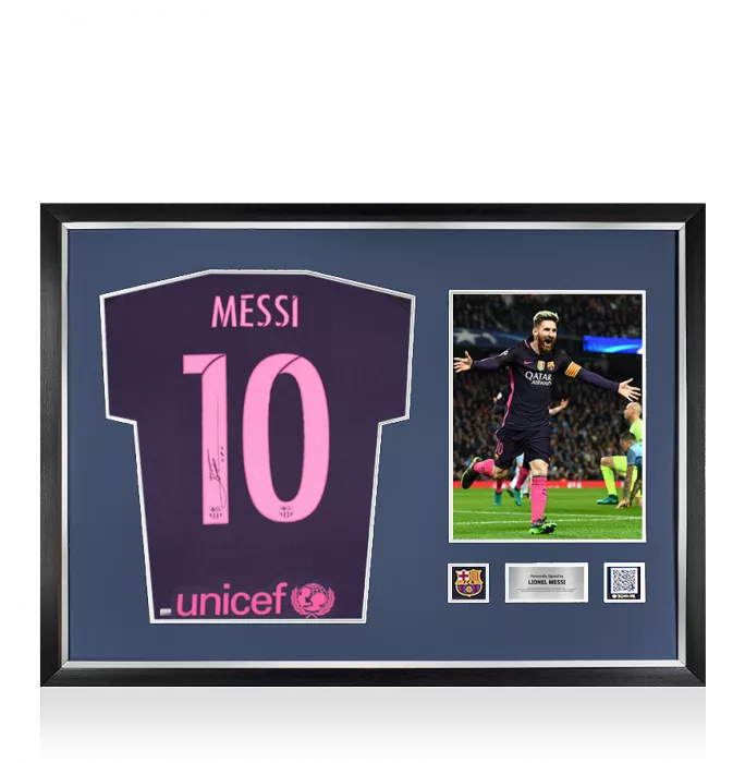 Lionel Messi Official FC Barcelona Back Signed and Framed 2016-17 Away Shirt