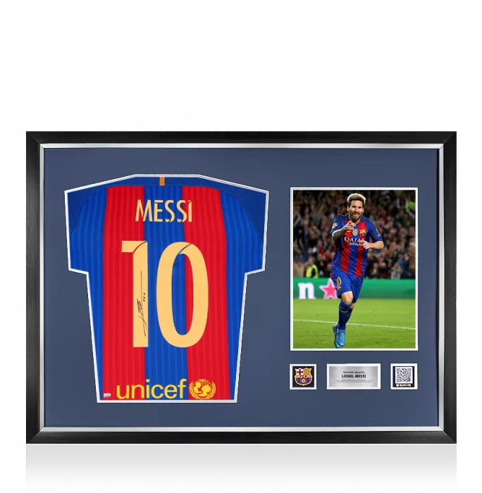 Lionel Messi Official FC Barcelona Back Signed and Framed 2016-17 Home Shirt with Fan Style Numbers