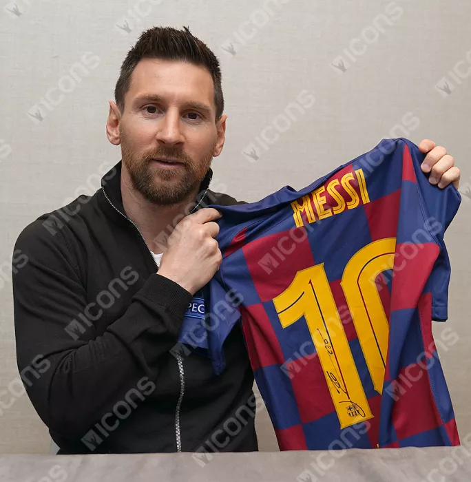 Lionel Messi Official FC Barcelona Back Signed And Framed 2019-20 Home Shirt: UCL Edition