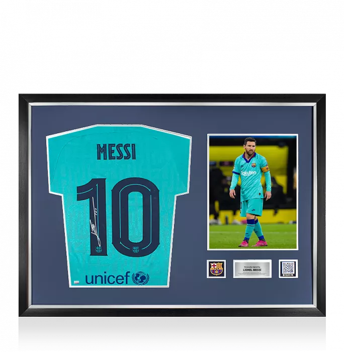 Lionel Messi Official FC Barcelona Back Signed and Framed 2019-20 Third Shirt