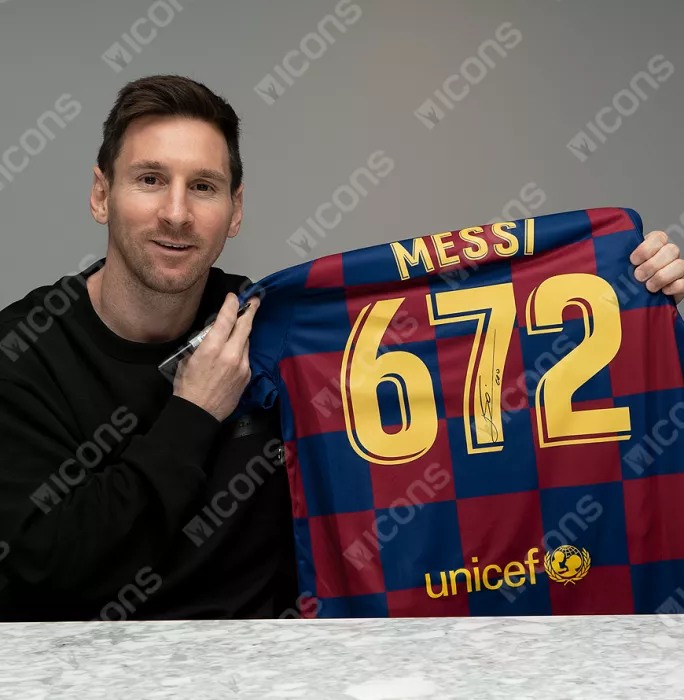 Lionel Messi Official FC Barcelona Back Signed And Framed 2019-20 Home Shirt: 672 Goals Edition