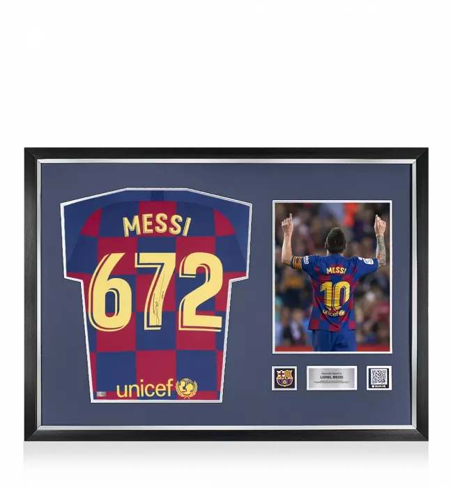 Lionel Messi Official FC Barcelona Back Signed and Framed 2019-20 Home Shirt: 672 Goals Edition