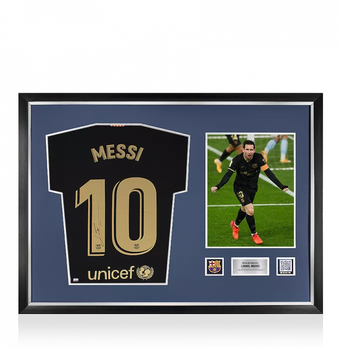 Lionel Messi Official FC Barcelona Back Signed and Framed 2020-21 Away Shirt