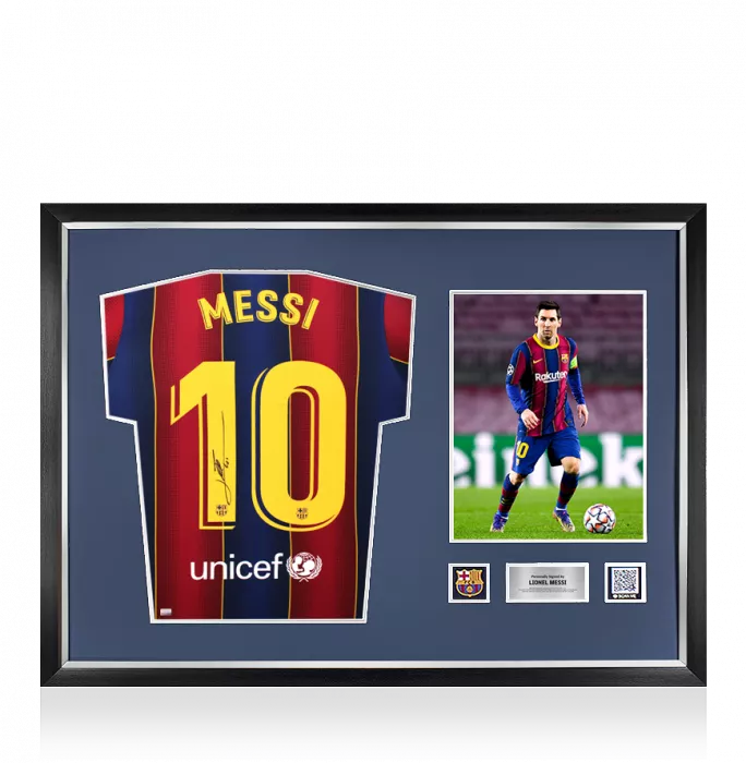 Lionel Messi Official FC Barcelona Back Signed and Framed 2020-21 Home Shirt