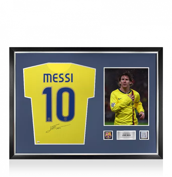 Lionel Messi Official FC Barcelona Back Signed and Framed 2008-10 Away Shirt