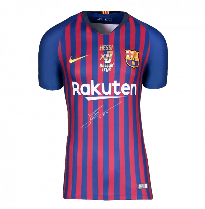 Lionel Messi Official FC Barcelona Front Signed And Framed 2018-19 Home Shirt Signed In Silver: 8x Ballon D'Or Edition