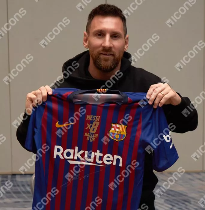 Lionel Messi Official FC Barcelona Front Signed And Framed 2018-19 Home Shirt Signed In Silver: 8x Ballon D'Or Edition
