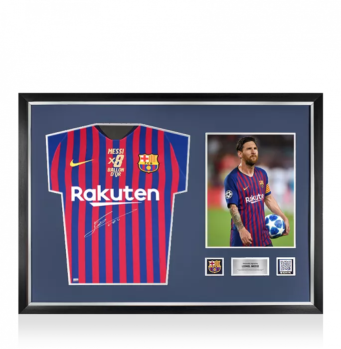Lionel Messi Official FC Barcelona Front Signed and Framed 2018-19 Home Shirt Signed In Silver: 8x Ballon d'Or Edition