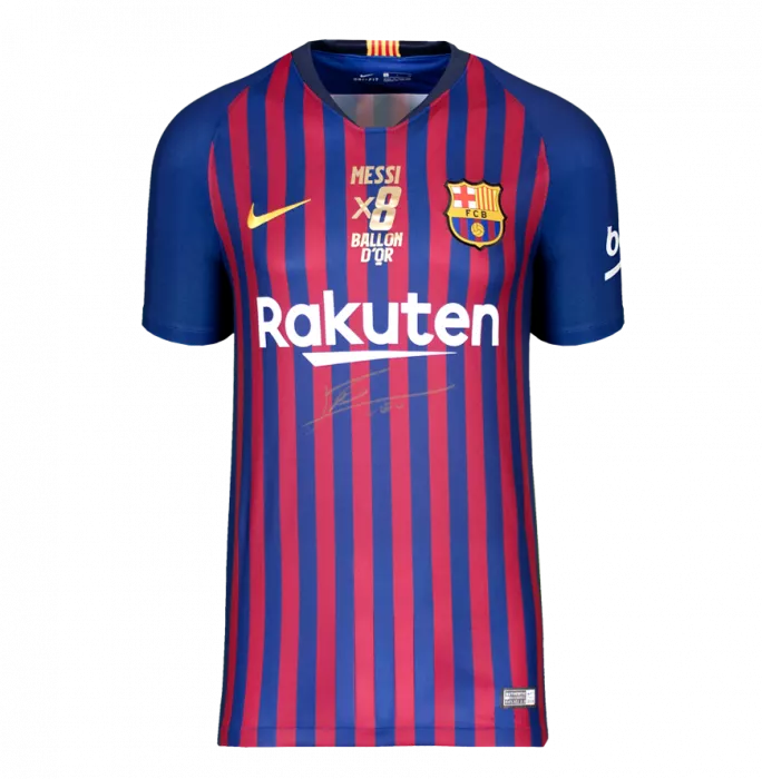 Lionel Messi Official FC Barcelona Front Signed And Framed 2018-19 Home Shirt Signed In Gold: 8x Ballon D'Or Edition