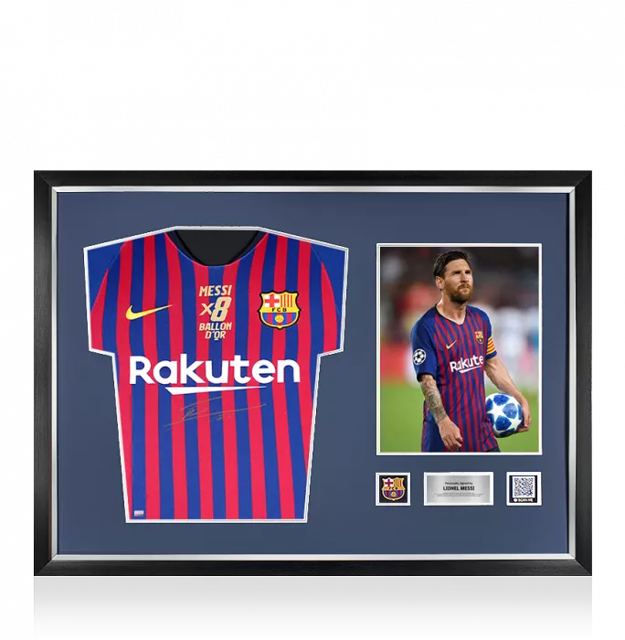Lionel Messi Official FC Barcelona Front Signed and Framed 2018-19 Home Shirt Signed In Gold: 8x Ballon d'Or Edition