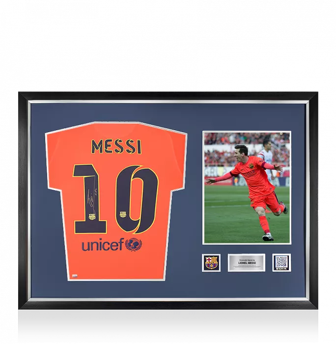 Lionel Messi Official FC Barcelona Official Back Signed and Framed 2014-15 Away Shirt