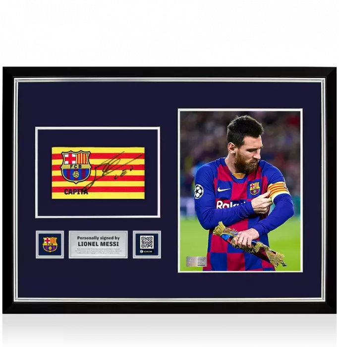Lionel Messi Official FC Barcelona Signed and Framed Branded Captain's Armband