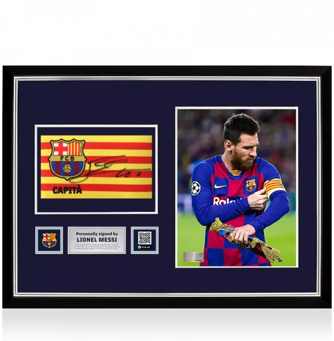 Lionel Messi Official FC Barcelona Signed and Framed Branded Captain's Armband