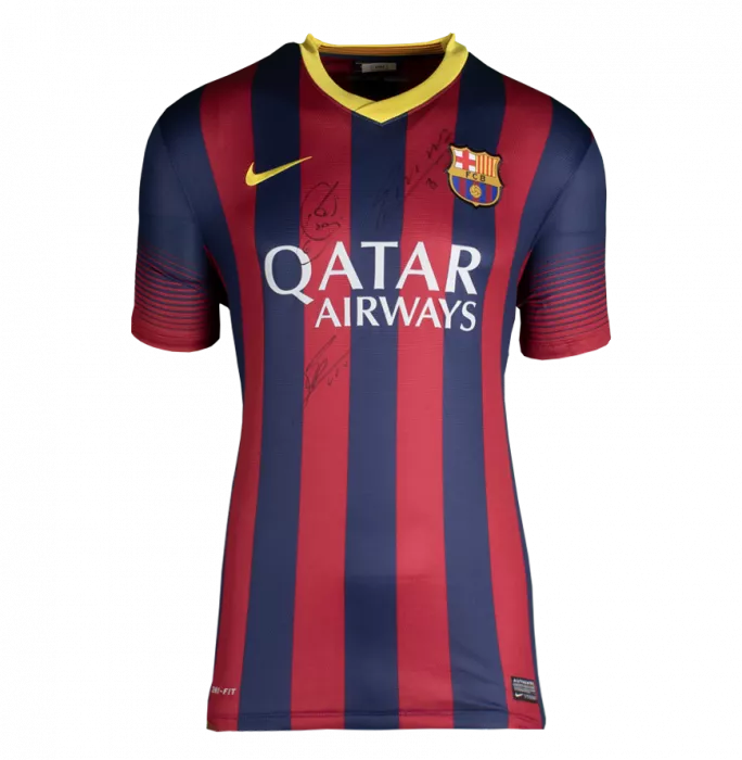 Lionel Messi Official FC Barcelona & Xavi Triple Signed And Framed 2013-14 Home Shirt