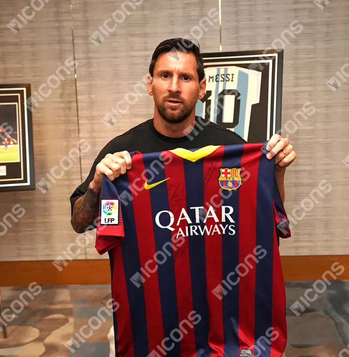 Lionel Messi Official FC Barcelona & Xavi Triple Signed And Framed 2013-14 Home Shirt