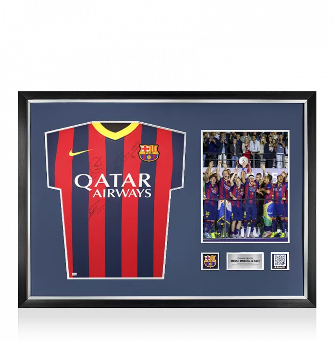 Lionel Messi Official FC Barcelona & Xavi Triple Signed and Framed 2013-14 Home Shirt