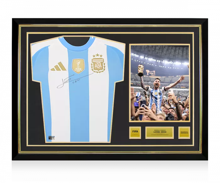 Lionel Messi Official FIFA World Cup™ Front Signed And Hero Framed Argentina 2024-25 Home Shirt