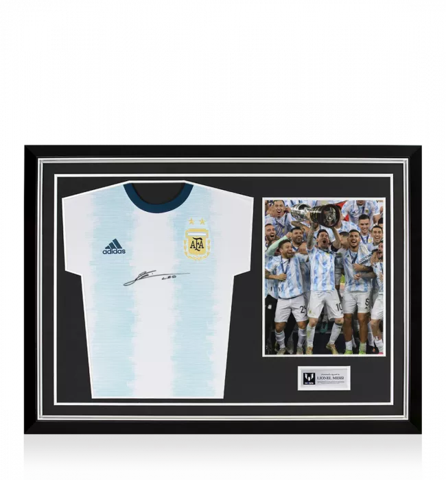 Lionel Messi Official Front Signed Argentina 2019-20 Home Shirt In Hero Frame: 2021 Copa America Winner Option 2