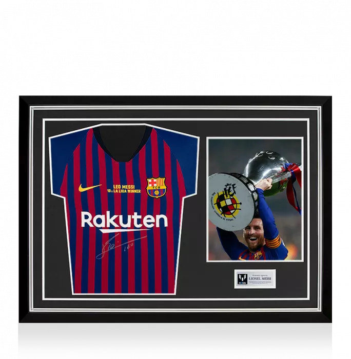 Lionel Messi Official Front Signed FC Barcelona 2018-19 Home Shirt: 10x La Liga Winner Special Edition Home Shirt In Hero Frame: Option 1