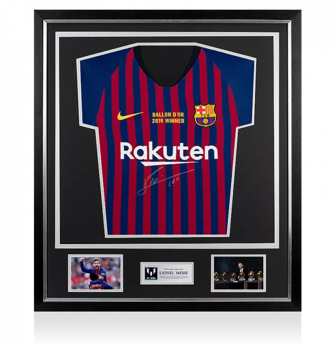 Lionel Messi Official Front Signed FC Barcelona 2018-19 Home Shirt In Classic Frame: 2019 Ballon D'Or Winner Edition