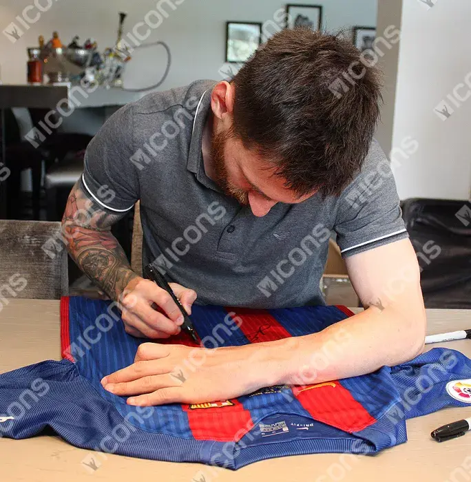 Lionel Messi Official Front Signed FC Barcelona 2016-17 Home Shirt In Classic Frame: Barca 6-1 PSG Edition