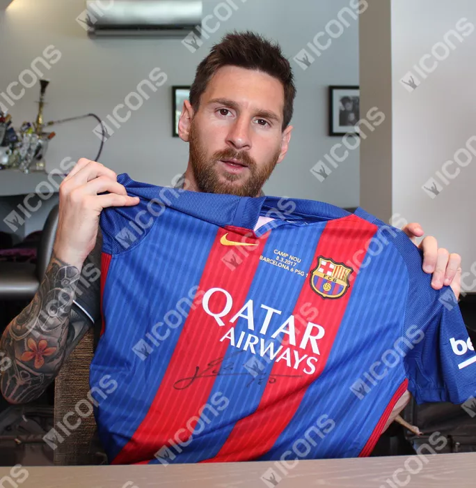 Lionel Messi Official Front Signed FC Barcelona 2016-17 Home Shirt In Classic Frame: Barca 6-1 PSG Edition