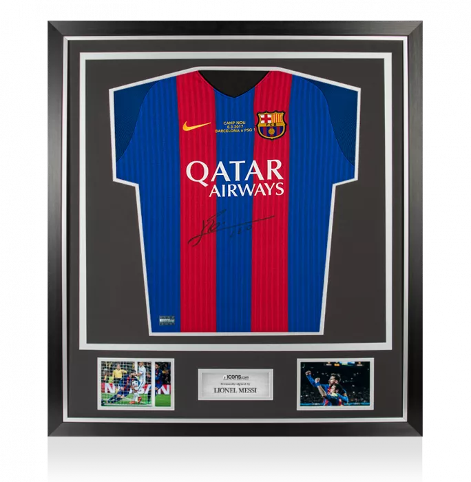 Lionel Messi Official Front Signed FC Barcelona 2016-17 Home Shirt In Classic Frame: Barca 6-1 PSG Edition