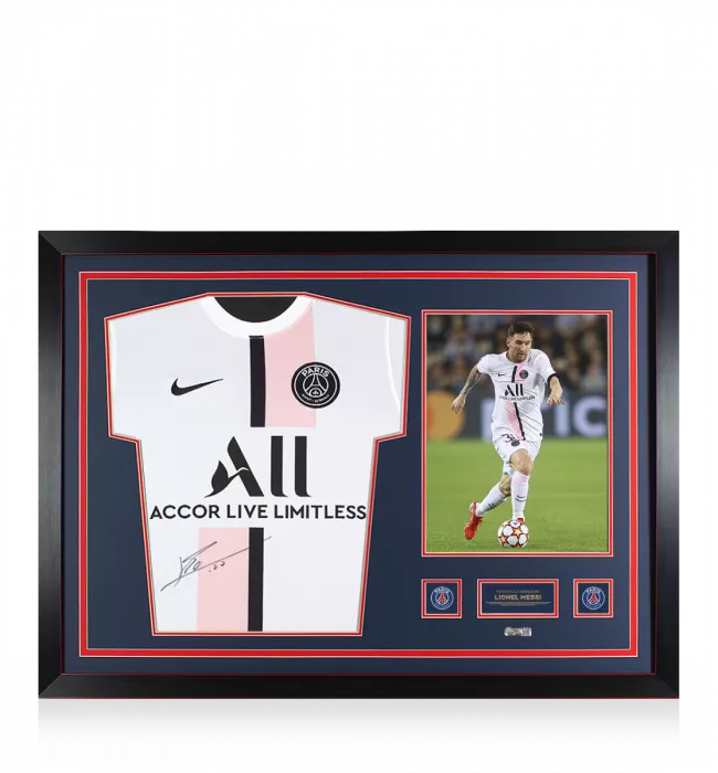 Lionel Messi Official Paris Saint-Germain Front Signed and Framed 2021-22 Away Shirt