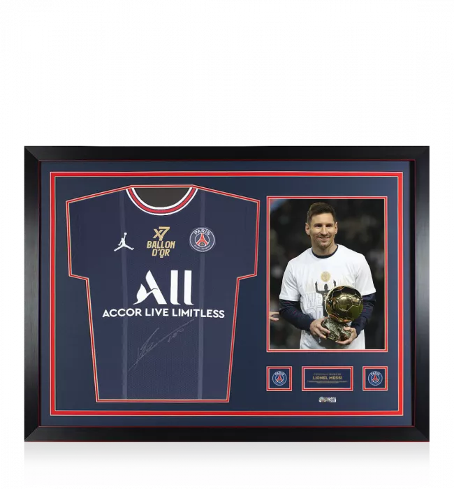 Lionel Messi Official Paris Saint-Germain Front Signed and Framed 2021-22 Home Shirt: 7x Ballon d'Or Winner