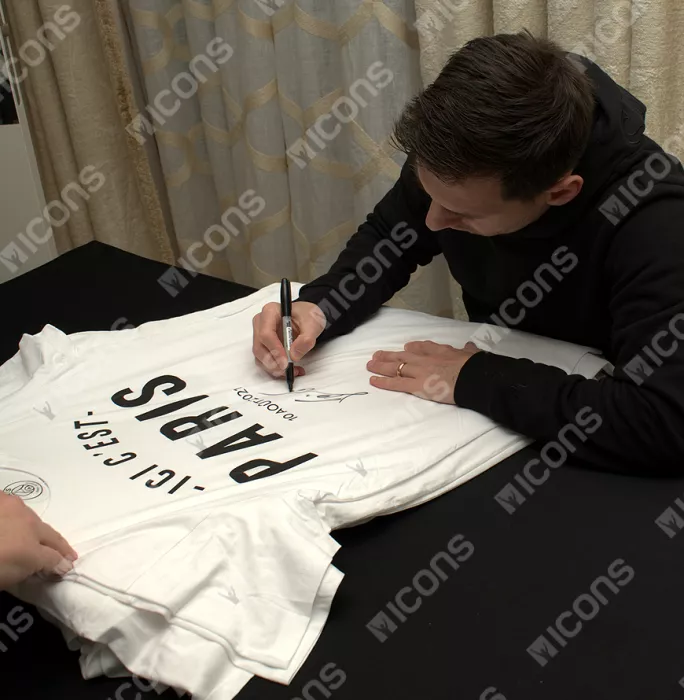 Lionel Messi Official Paris Saint-Germain Front Signed And Framed White "Ici C’est Paris" T-Shirt