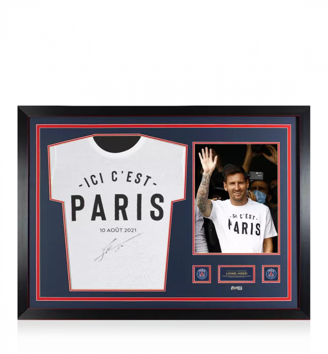 Lionel Messi Official Paris Saint-Germain Front Signed and Framed White "Ici c’est Paris" T-Shirt