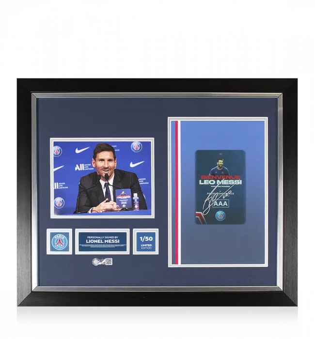 Lionel Messi Official Paris Saint-Germain Signed and Framed Press Conference Lanyard