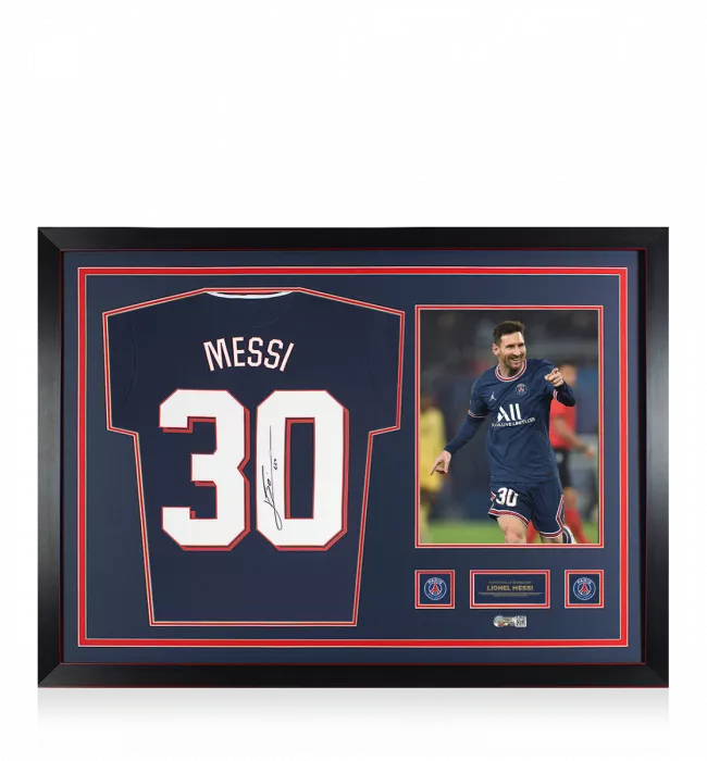 Lionel Messi Official Paris Saint-Germain Signed and Framed 2021-22 Home Shirt With Fan Style Numbers: UCL Edition