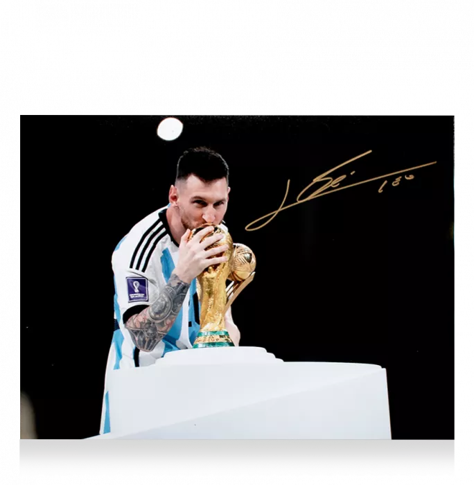 Lionel Messi Official Signed Argentina Photo In Black Wooden Frame: 2022 FIFA World Cup Winner