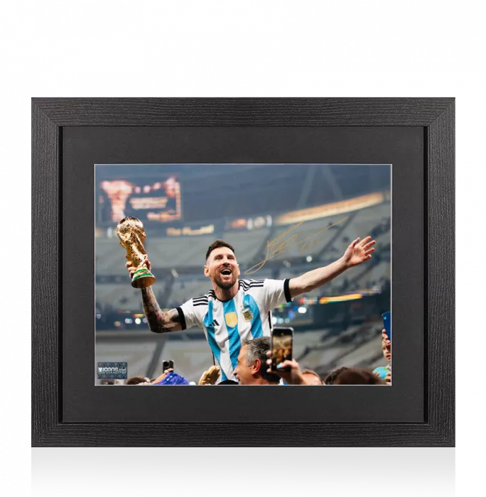 Lionel Messi Official Signed Argentina Photo In Black Wooden Frame: 2022 FIFA World Cup Winner