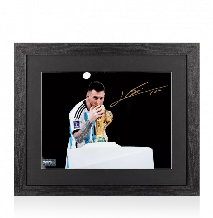Lionel Messi Official Signed Argentina Photo In Black Wooden Frame: 2022 FIFA World Cup Winner