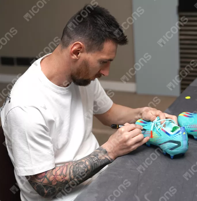 Lionel Messi Official Signed Blue Adidas X Speedportal.1 Boot In Photo Acrylic Case: Option 1