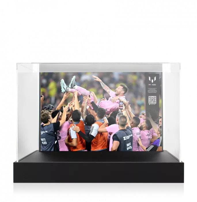 Lionel Messi Official Signed Blue Adidas X Speedportal.1 Boot In Photo Acrylic Case: Option 1