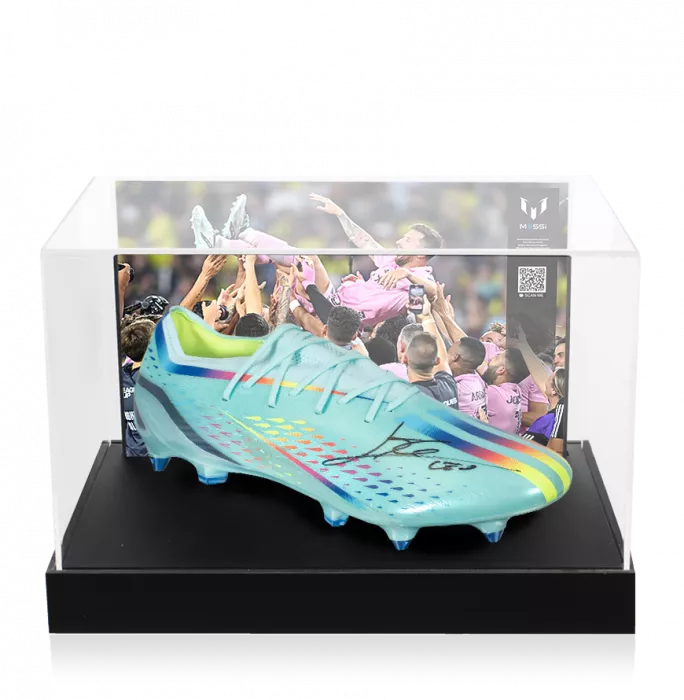 Lionel Messi Official Signed Blue adidas X Speedportal.1 Boot In Photo Acrylic Case: Option 1