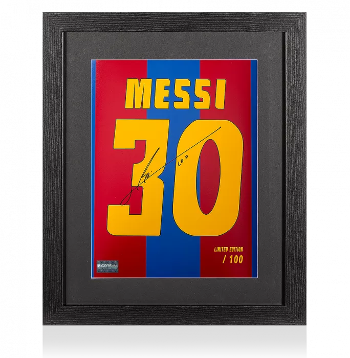 Lionel Messi Official Signed FC Barcelona 2005-06 Shirt Print In Black Wooden Frame: Limited Edition 'Messi 30'