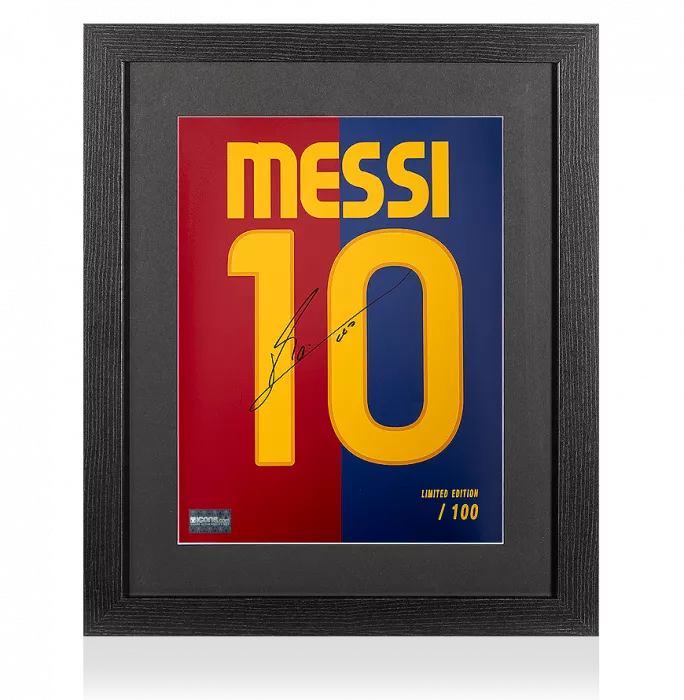 Lionel Messi Official Signed FC Barcelona 2008-09 Shirt Print In Black Wooden Frame: Limited Edition 'Messi 10'