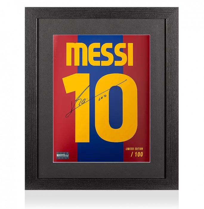 Lionel Messi Official Signed FC Barcelona 2010-11 Shirt Print In Black Wooden Frame: Limited Edition 'Messi 10'