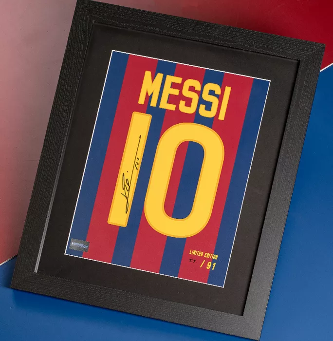 Lionel Messi Official Signed FC Barcelona 2011-12 Shirt Print In Black Wooden Frame: Limited Edition 'Messi 10'
